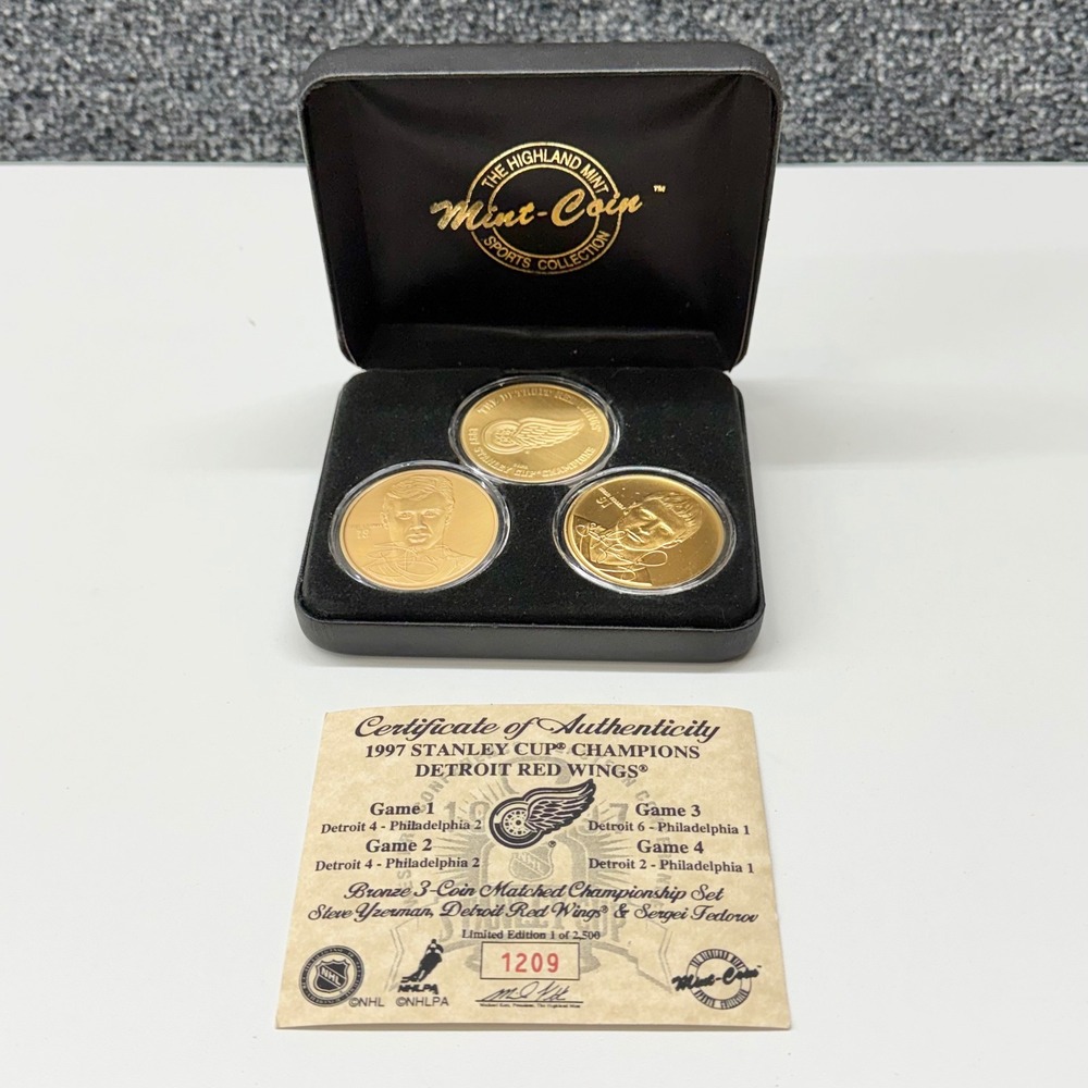 1997 Detroit Red Wings Highland Mint Bronze 3 Coin Set Yzerman Fedorov COA Cased